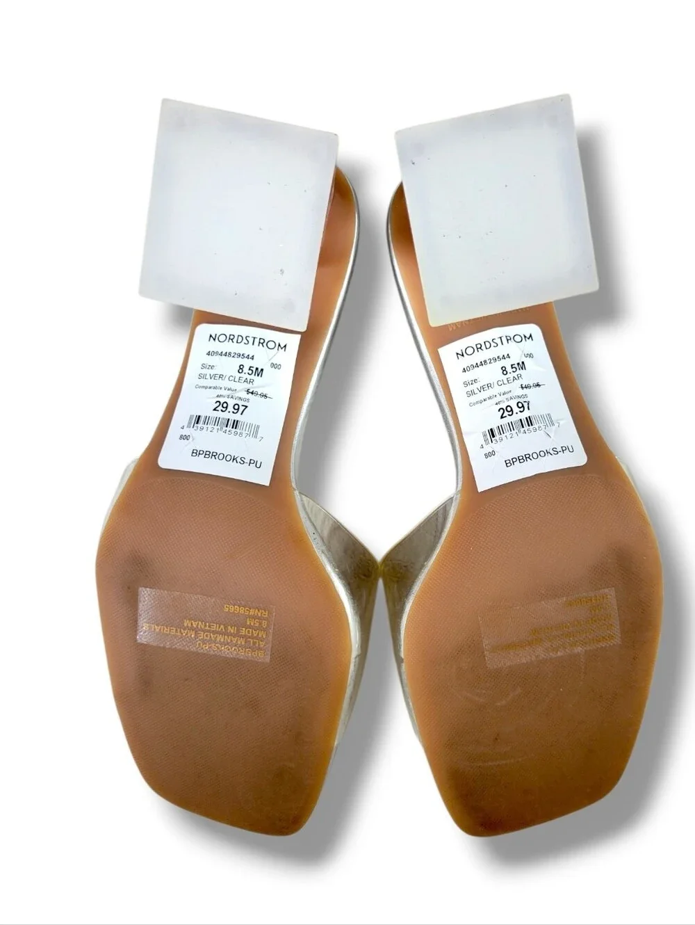 ✨️HP✨️Nordstrom | bp | EUC Metallic Silver/Clear Open Toe Block Heeled Mules - Picture 3 of 10